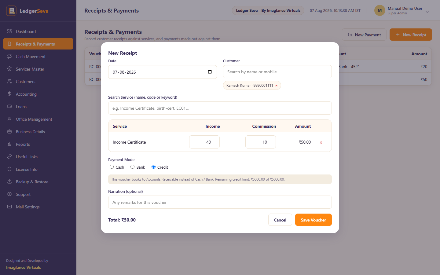 Credit selected as the payment mode, with the remaining limit shown