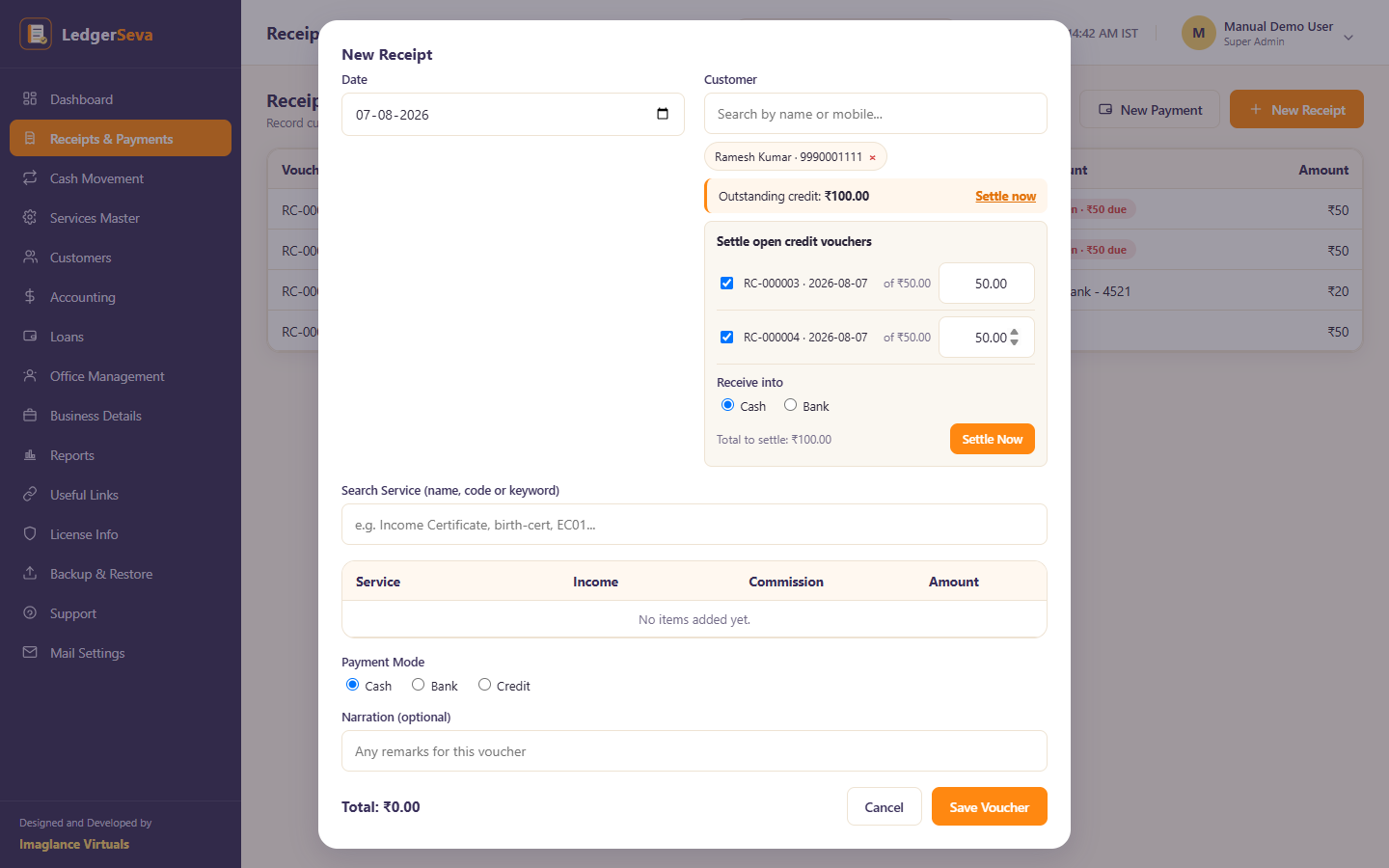 Settling two open vouchers at once, partially or in full, against Cash or Bank