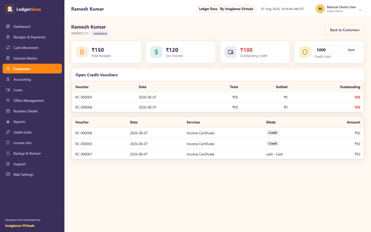 A customer's page showing outstanding credit, editable credit limit, and open vouchers