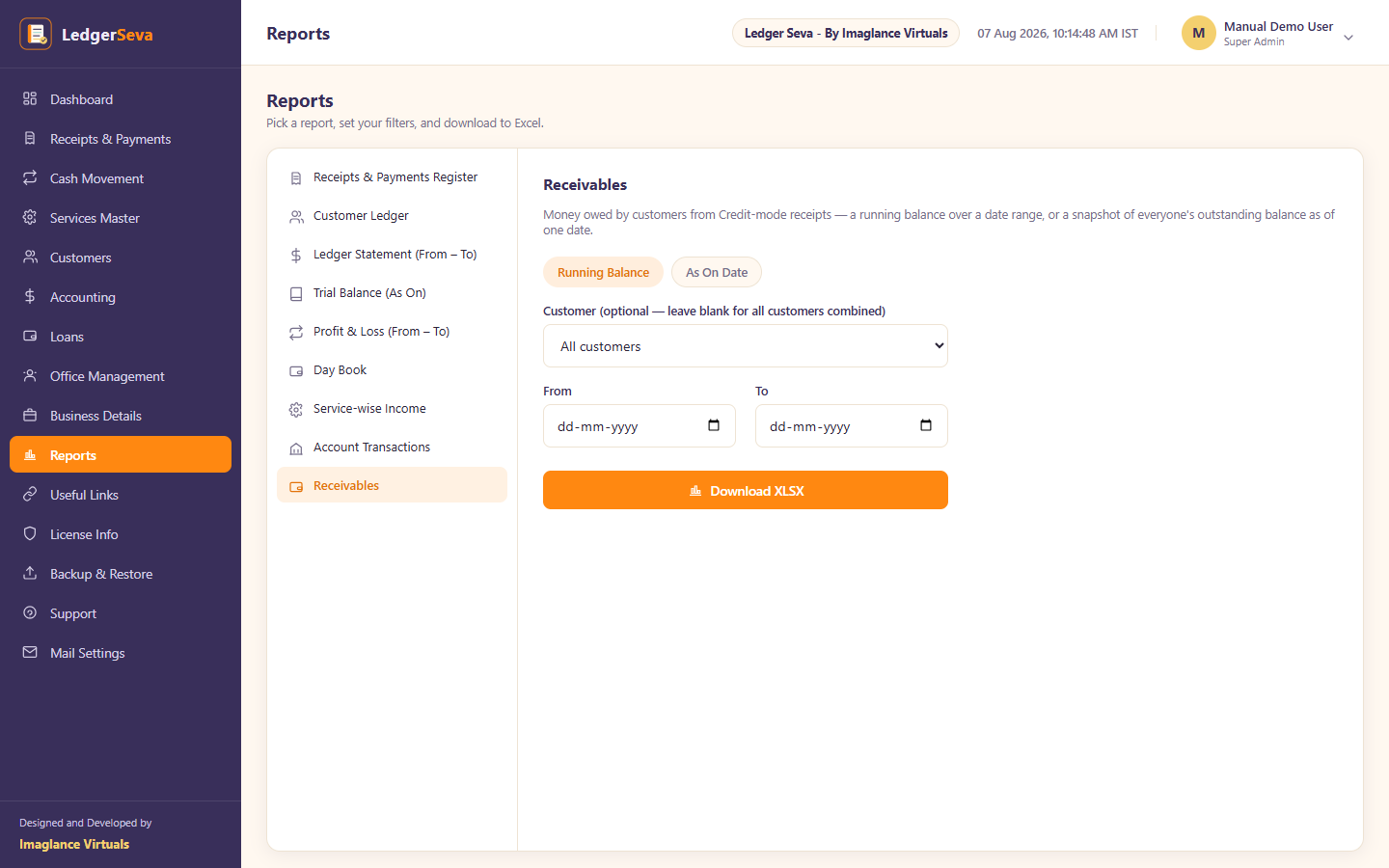 The Receivables report, with Running Balance and As On Date views